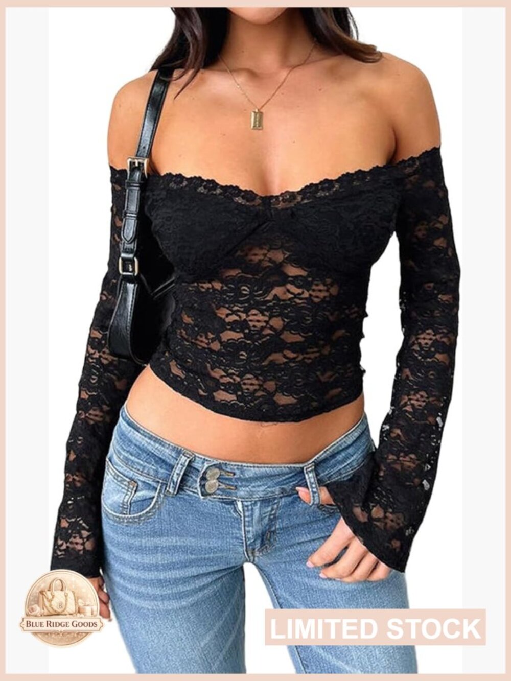 Off Shoulder Floral Lace Crop Top Long Sleeve See Through Backless Going Out - Picture 1 of 7